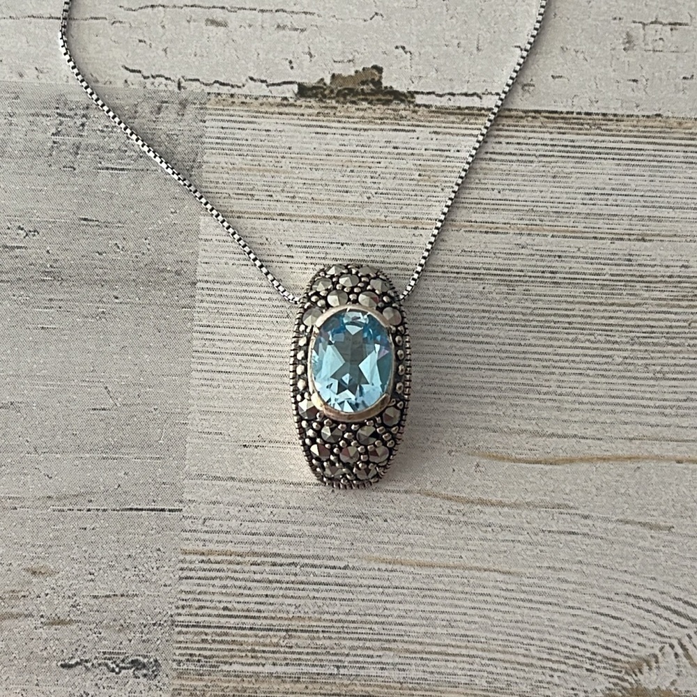 Sterling Silver Marcasite Blue Topaz Pendant Necklace - Picture 3 of 9